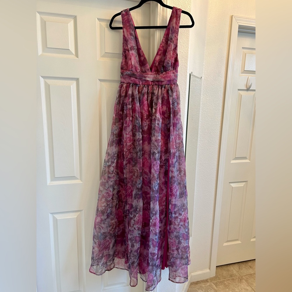 Lulus Garden Romance Magenta Floral Print Organza Maxi Dress